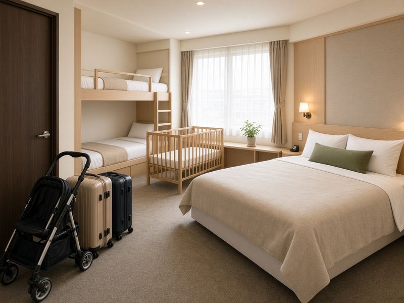 Illustrative AI image: a bright hotel family room with a bunk bed, a wooden baby crib, a large bed and a stroller parked by the luggage